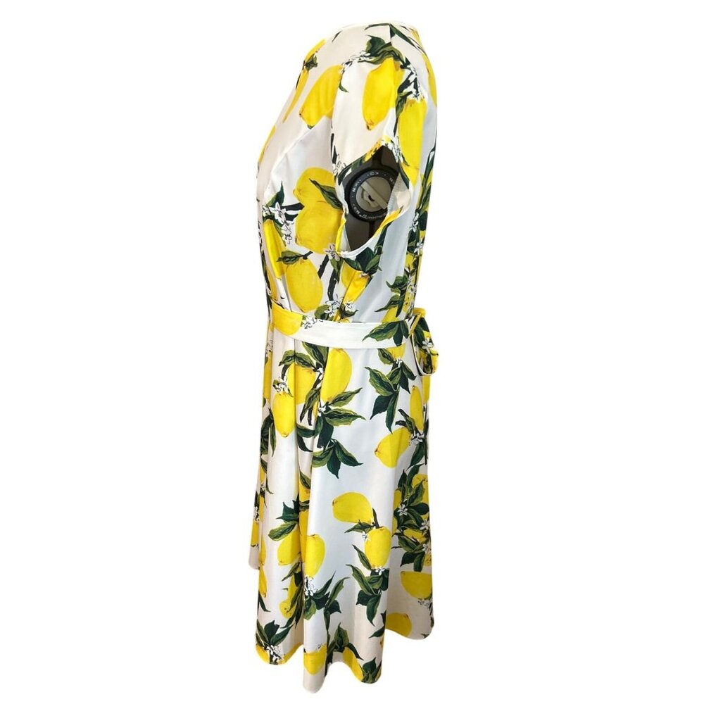 Yellow & White Lemon Print A-Line Midi Dress With Belt XL Summer Vacay - Picture 2 of 9